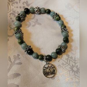 Green Natural Stone  Bracelet with Lotus Charm